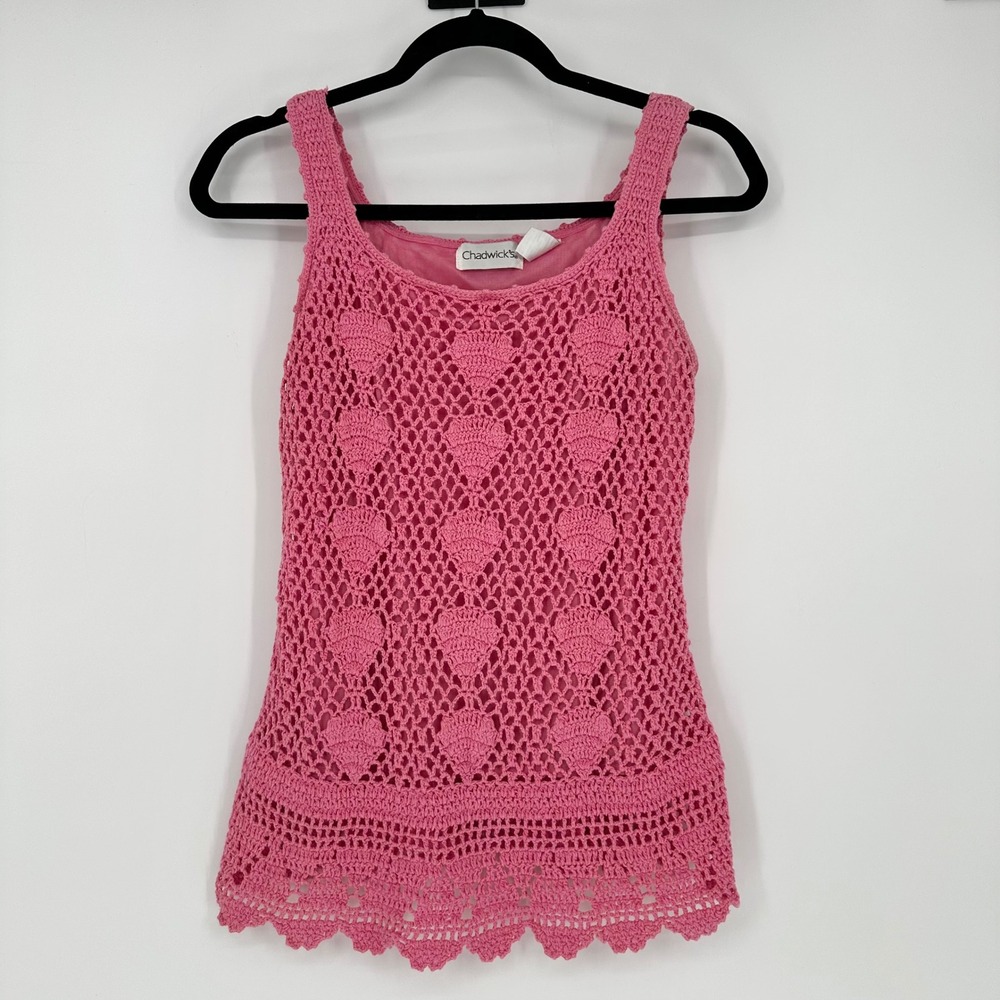 VTG Chadwick's Pink Crochet Knit Tank Cotton Coastal Summer Beach Boho L 90s